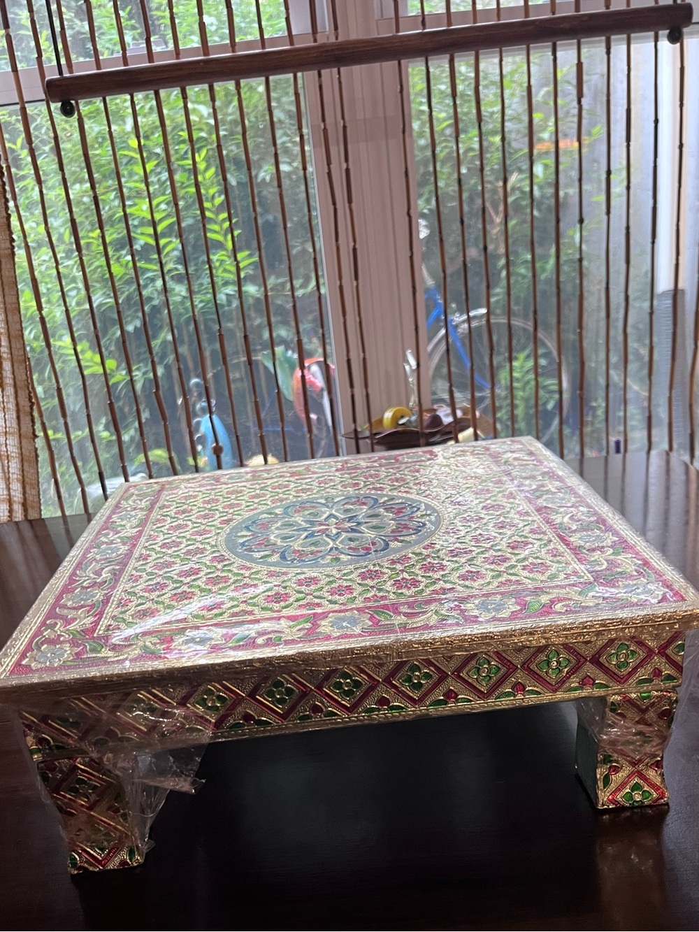 New Handcrafted Wooden Puja Bajot Chowki Table Meenakari Decor